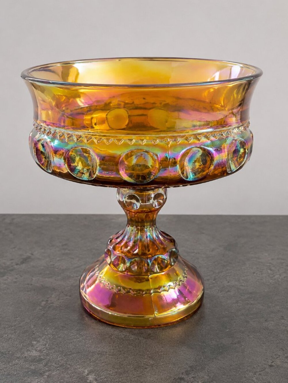 Indiana Glass Kings Crown Carnival Glass Iridescent Pedestal Candy Compote 5.25"